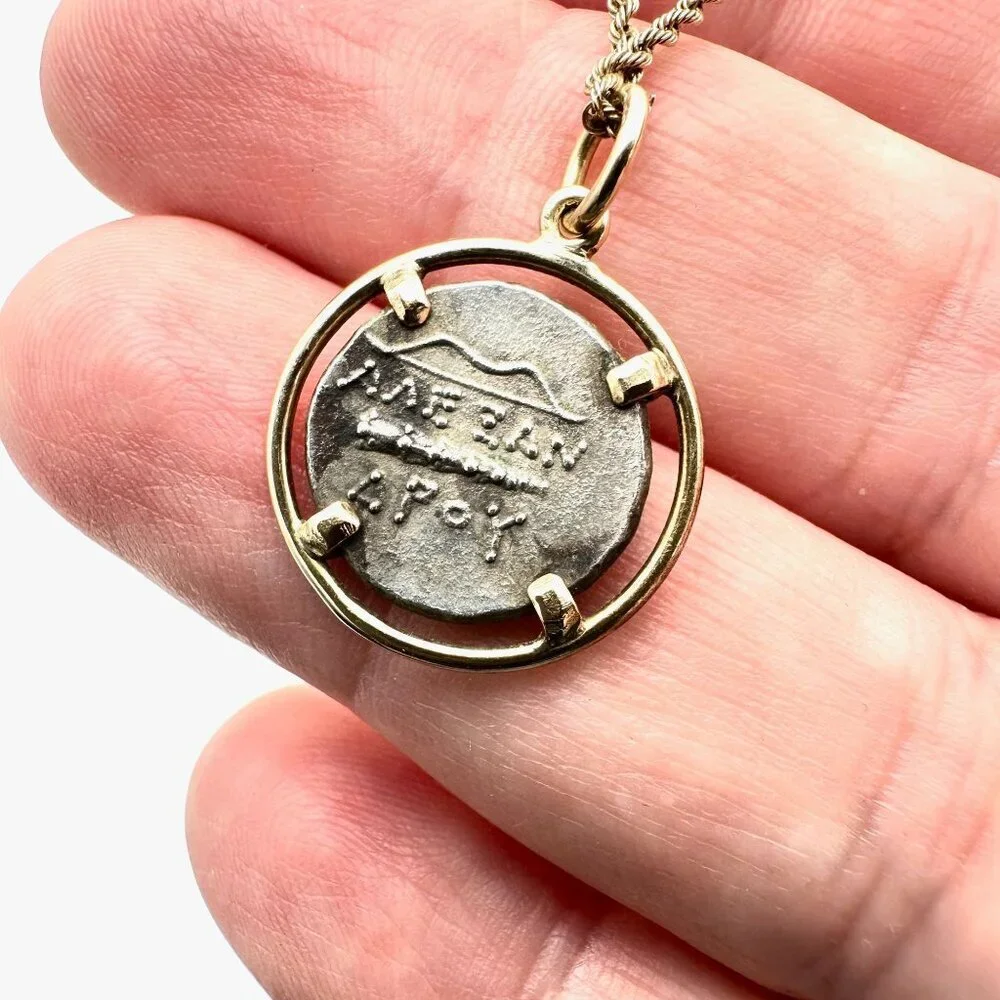 13K Yellow Gold Ancient Coin Pendant Necklace Goddess Athena 6 Gram 18
